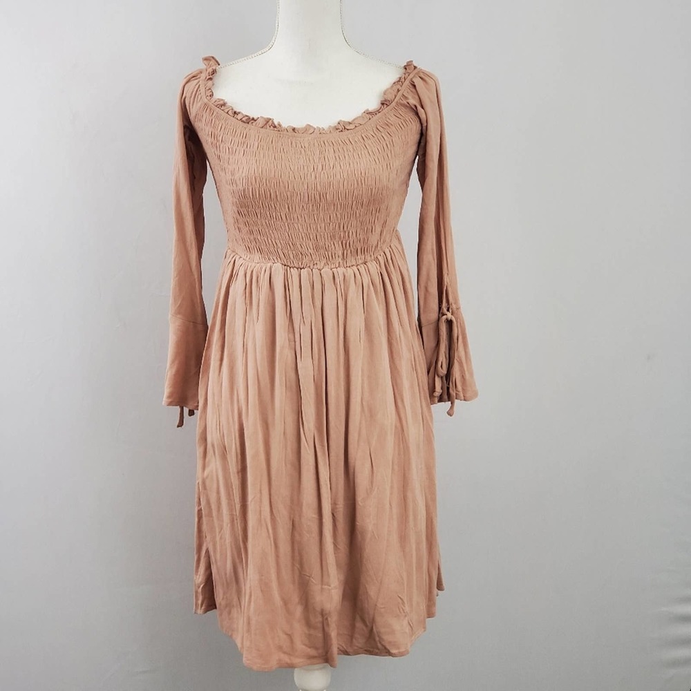 NWT Boutique Brand Tan Peasant Style Shirred Dress